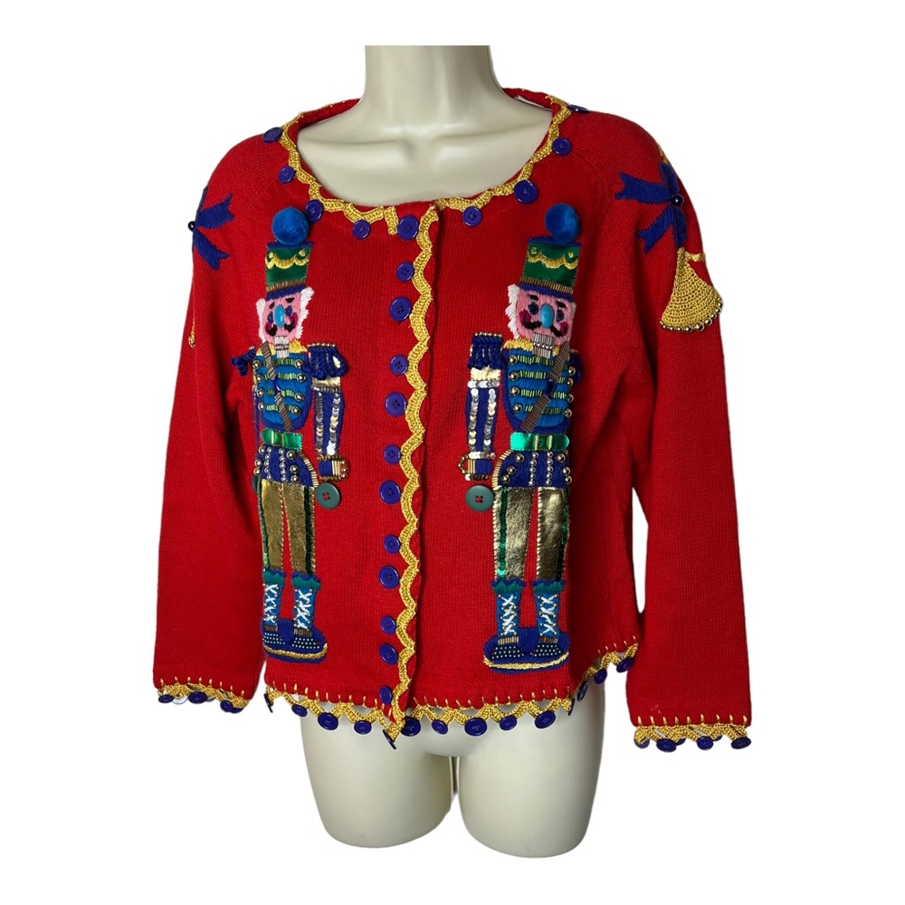 Vintage Michael Simon Nutcracker Toy Soldier cardigan Ugly Christmas Sweater